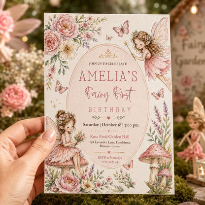 Editable Fairy Garden Birthday Invitation Canva Template, Girls Kids Fairy Cute Fun DIY Sweet Chic Party Invite, Printable Digital Download.