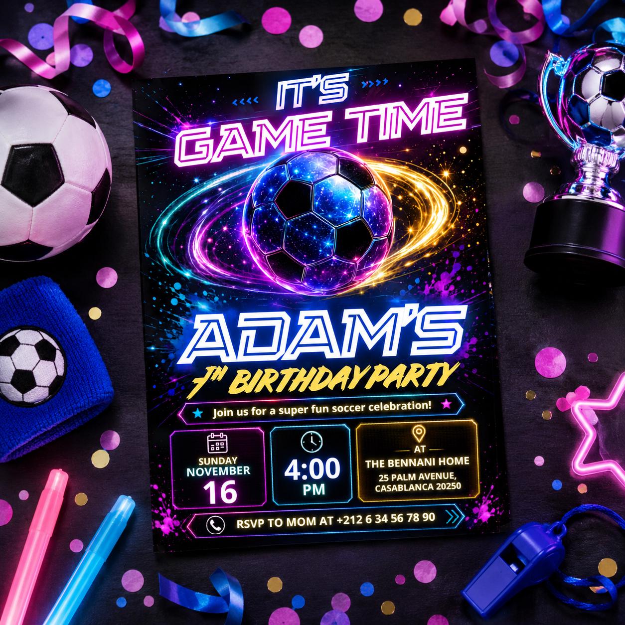 Editable Football Birthday Invitation Canva Template, Neon Boys Kids Teens Sport Cute Fun DIY Chic Party Invite, Printable Digital Download.