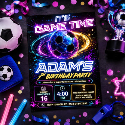 Editable Football Birthday Invitation Canva Template, Neon Boys Kids Teens Sport Cute Fun DIY Chic Party Invite, Printable Digital Download.