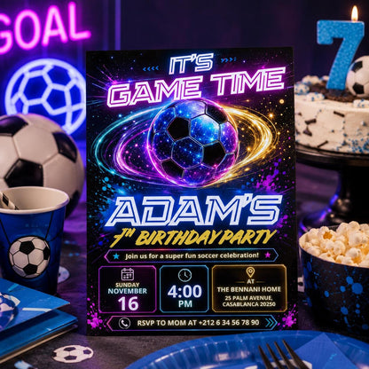 Editable Football Birthday Invitation Canva Template, Neon Boys Kids Teens Sport Cute Fun DIY Chic Party Invite, Printable Digital Download.