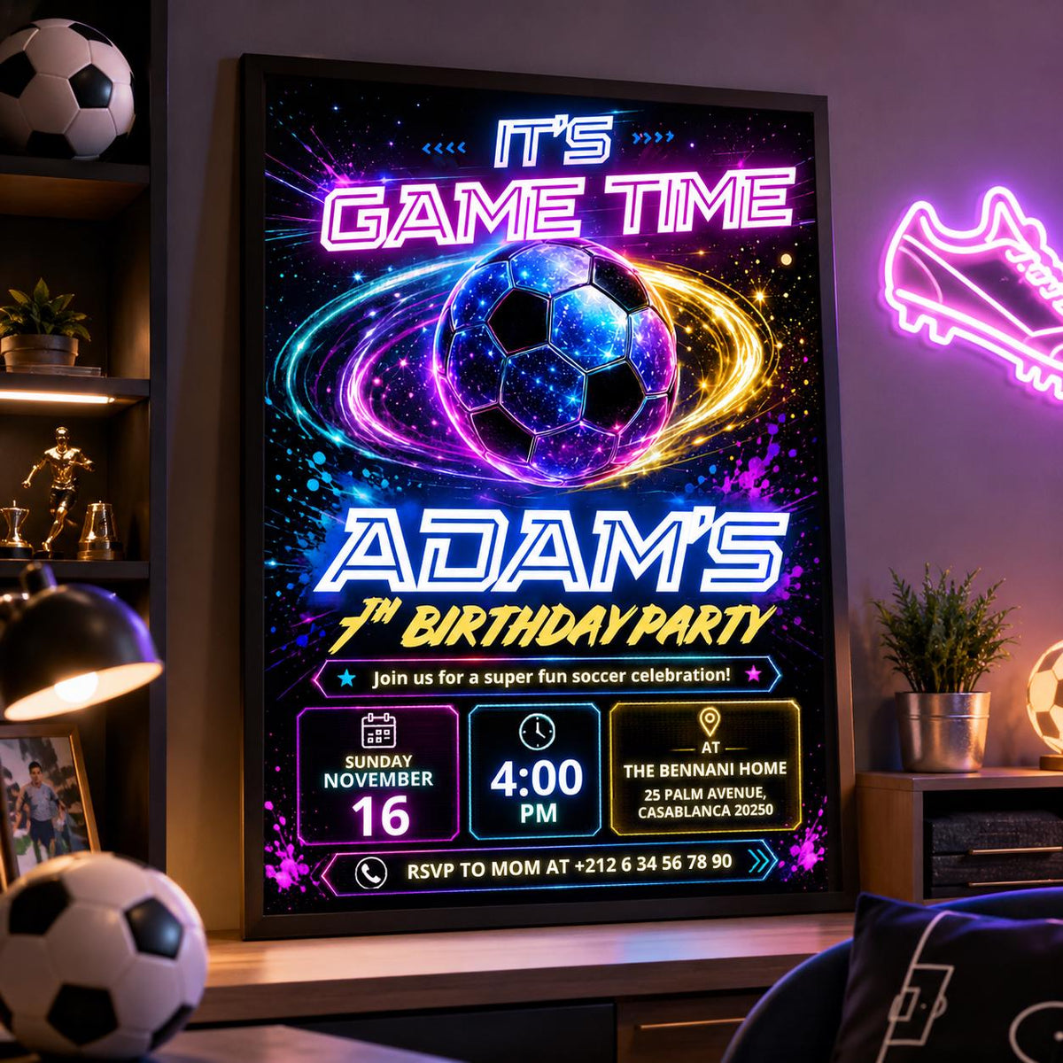 Editable Football Birthday Invitation Canva Template, Neon Boys Kids Teens Sport Cute Fun DIY Chic Party Invite, Printable Digital Download.