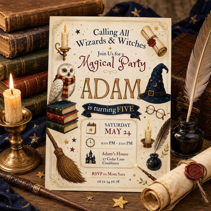 Editable Wizards Witches Birthday Invitation Canva Template, Cute Modern Fun Themed DIY Sweet Chic Party Invite, Printable Digital Download.