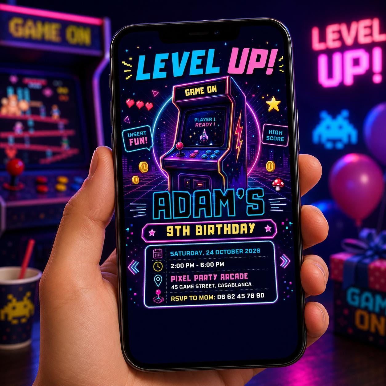 Editable Neon Glow Birthday Invitation Canva Template, Neon Cute Modern Fun Themed Custom DIY Chic Party Invite, Printable Digital Download.