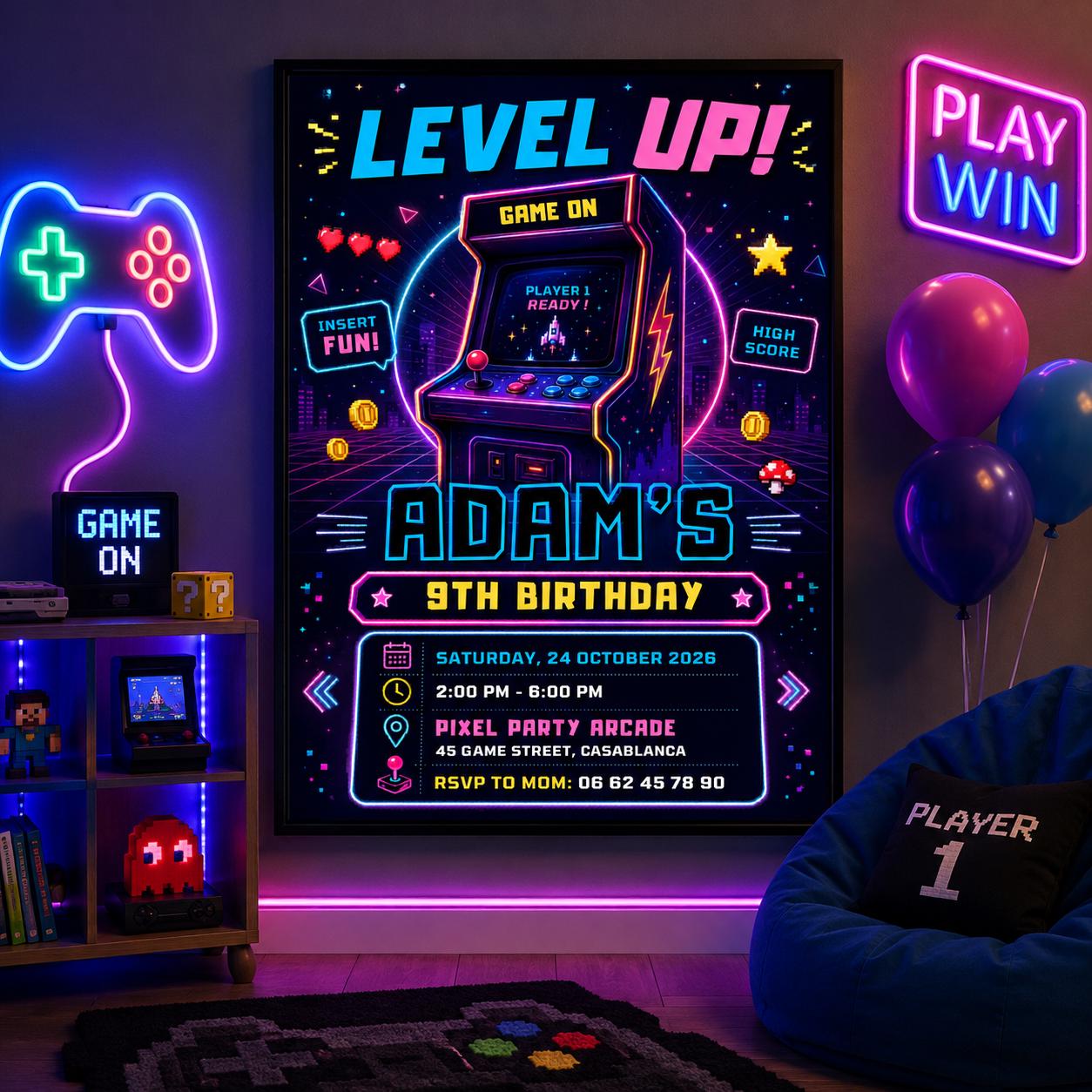 Editable Neon Glow Birthday Invitation Canva Template, Neon Cute Modern Fun Themed Custom DIY Chic Party Invite, Printable Digital Download.