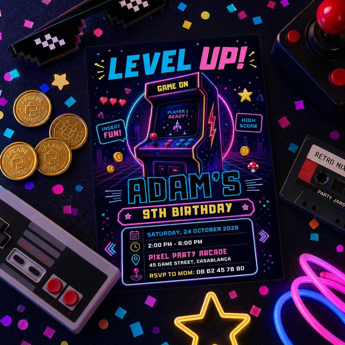 Editable Neon Glow Birthday Invitation Canva Template, Neon Cute Modern Fun Themed Custom DIY Chic Party Invite, Printable Digital Download.