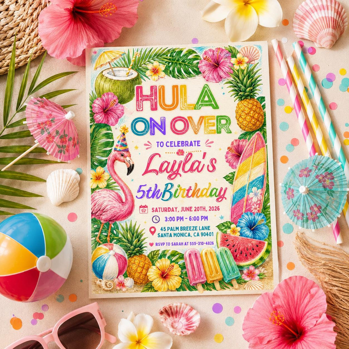Editable Tropical Birthday Invitation Canva Template, Kids Summer Cute Modern Fun Themed DIY Sweet Party Invite, Printable Digital Download.