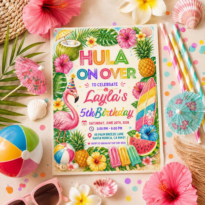 Editable Tropical Birthday Invitation Canva Template, Kids Summer Cute Modern Fun Themed DIY Sweet Party Invite, Printable Digital Download.