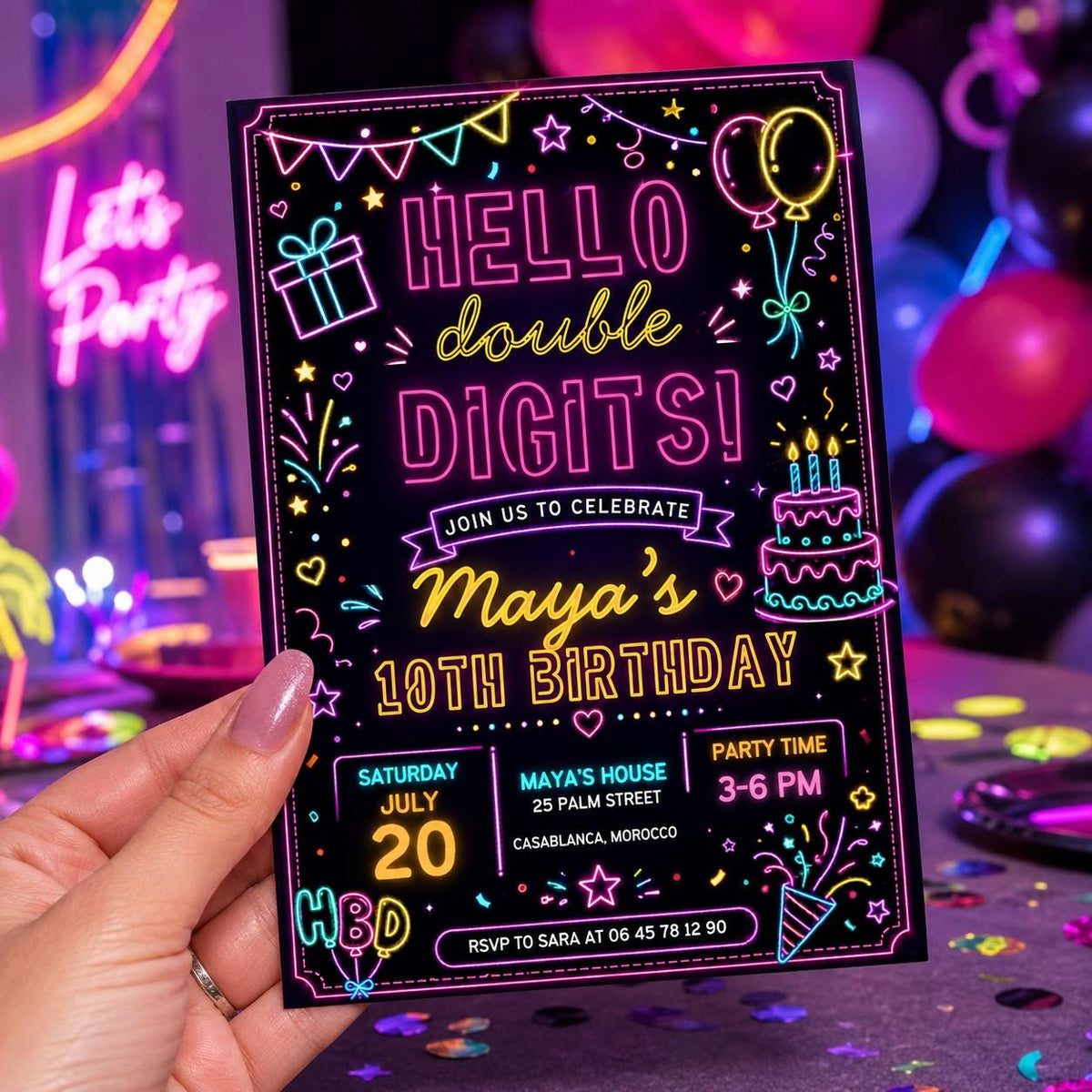 Editable Neon Glow Birthday Invitation Canva Template, Kids Teens Neon Cute Modern Fun Instant DIY Party Invite, Printable Digital Download.