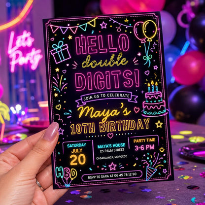 Editable Neon Glow Birthday Invitation Canva Template, Kids Teens Neon Cute Modern Fun Instant DIY Party Invite, Printable Digital Download.