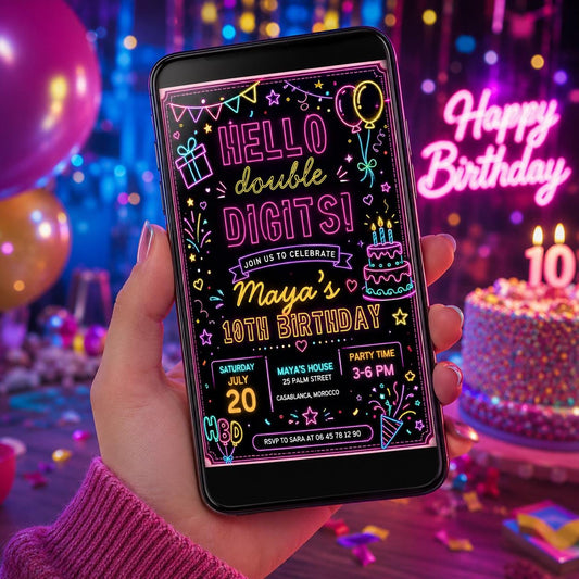 Editable Neon Glow Birthday Invitation Canva Template, Kids Teens Neon Cute Modern Fun Instant DIY Party Invite, Printable Digital Download.