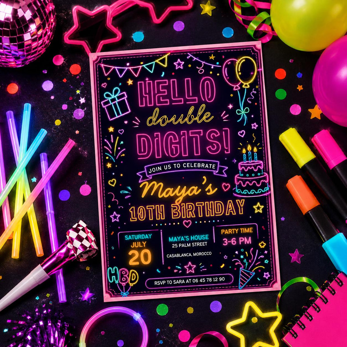 Editable Neon Glow Birthday Invitation Canva Template, Kids Teens Neon Cute Modern Fun Instant DIY Party Invite, Printable Digital Download.