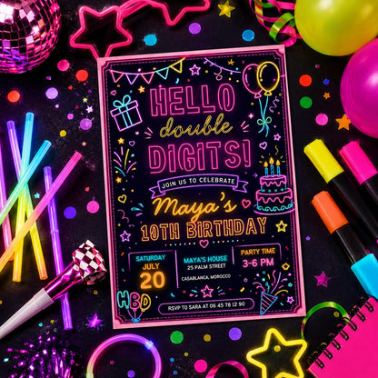 Editable Neon Glow Birthday Invitation Canva Template, Kids Teens Neon Cute Modern Fun Instant DIY Party Invite, Printable Digital Download.