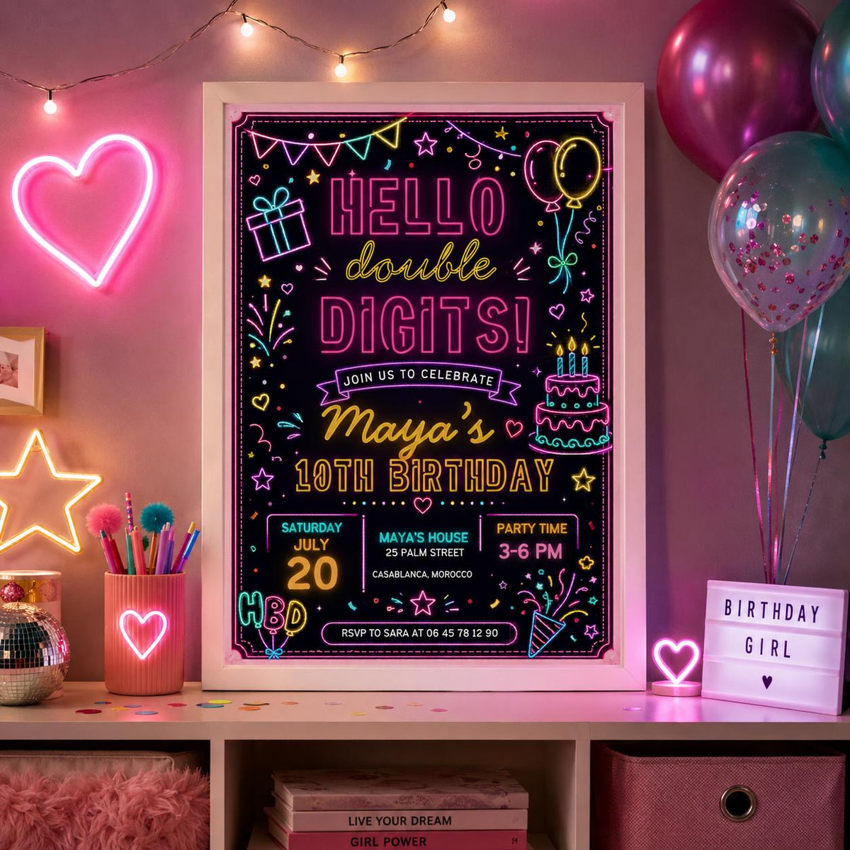 Editable Neon Glow Birthday Invitation Canva Template, Kids Teens Neon Cute Modern Fun Instant DIY Party Invite, Printable Digital Download.