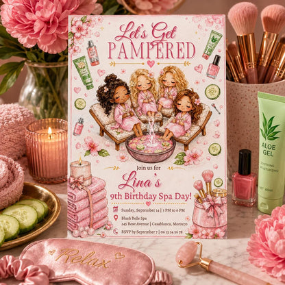 Editable Spa Birthday Invitation Canva Template, Girls Kids Spa Cute Fun DIY Sweet Chic Teen Tween Party Invite, Printable Digital Download.