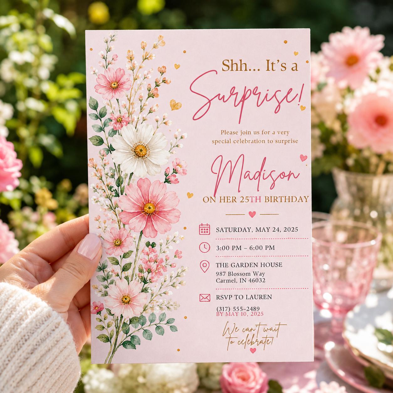 Editable Wildflowers Surprise 70th 80th Birthday Invitation Canva Template, Cute Fun DIY Chic Kids Party Invite, Printable Digital Download.