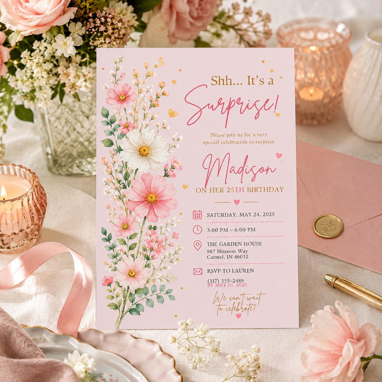 Editable Wildflowers Surprise 70th 80th Birthday Invitation Canva Template, Cute Fun DIY Chic Kids Party Invite, Printable Digital Download.