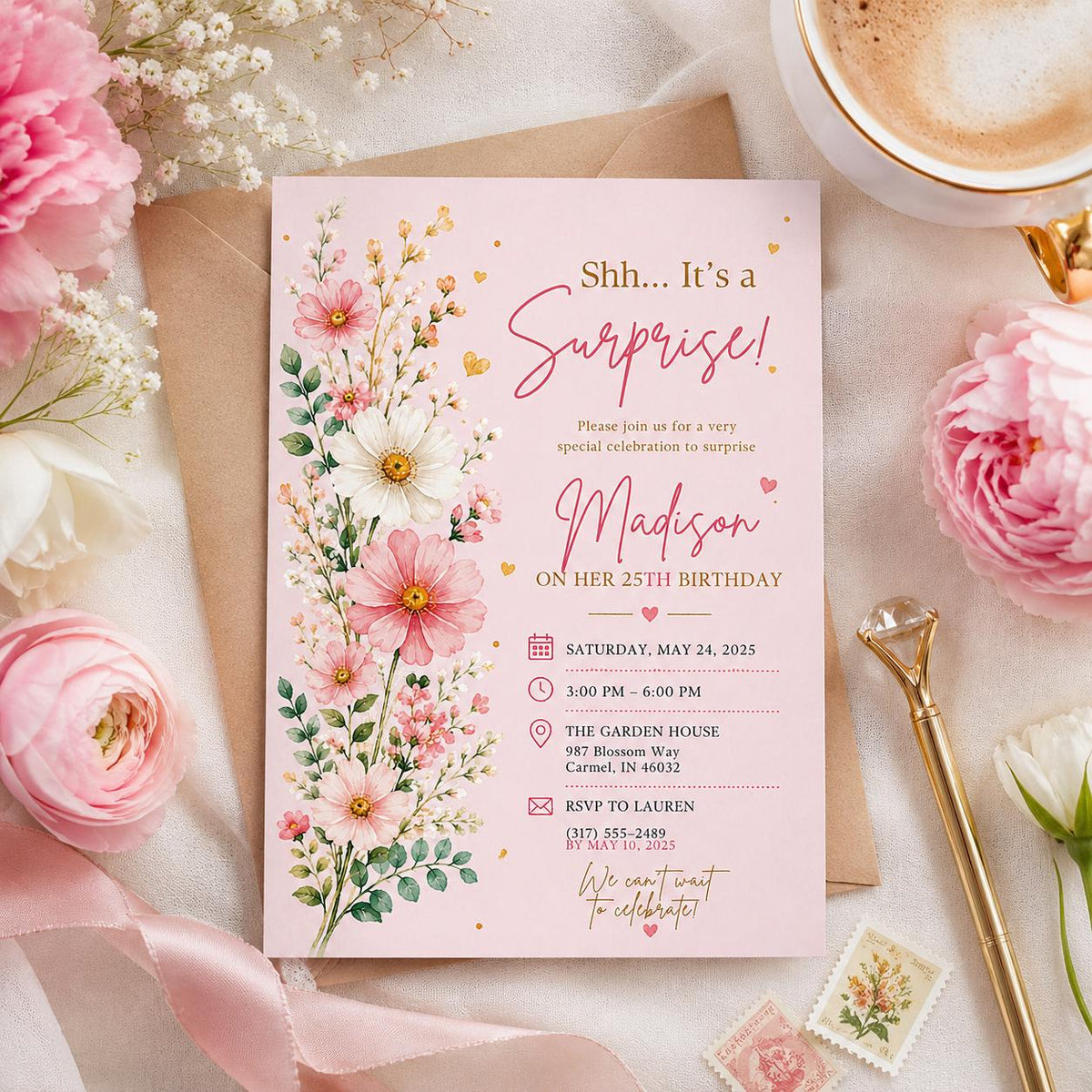 Editable Wildflowers Surprise 70th 80th Birthday Invitation Canva Template, Cute Fun DIY Chic Kids Party Invite, Printable Digital Download.
