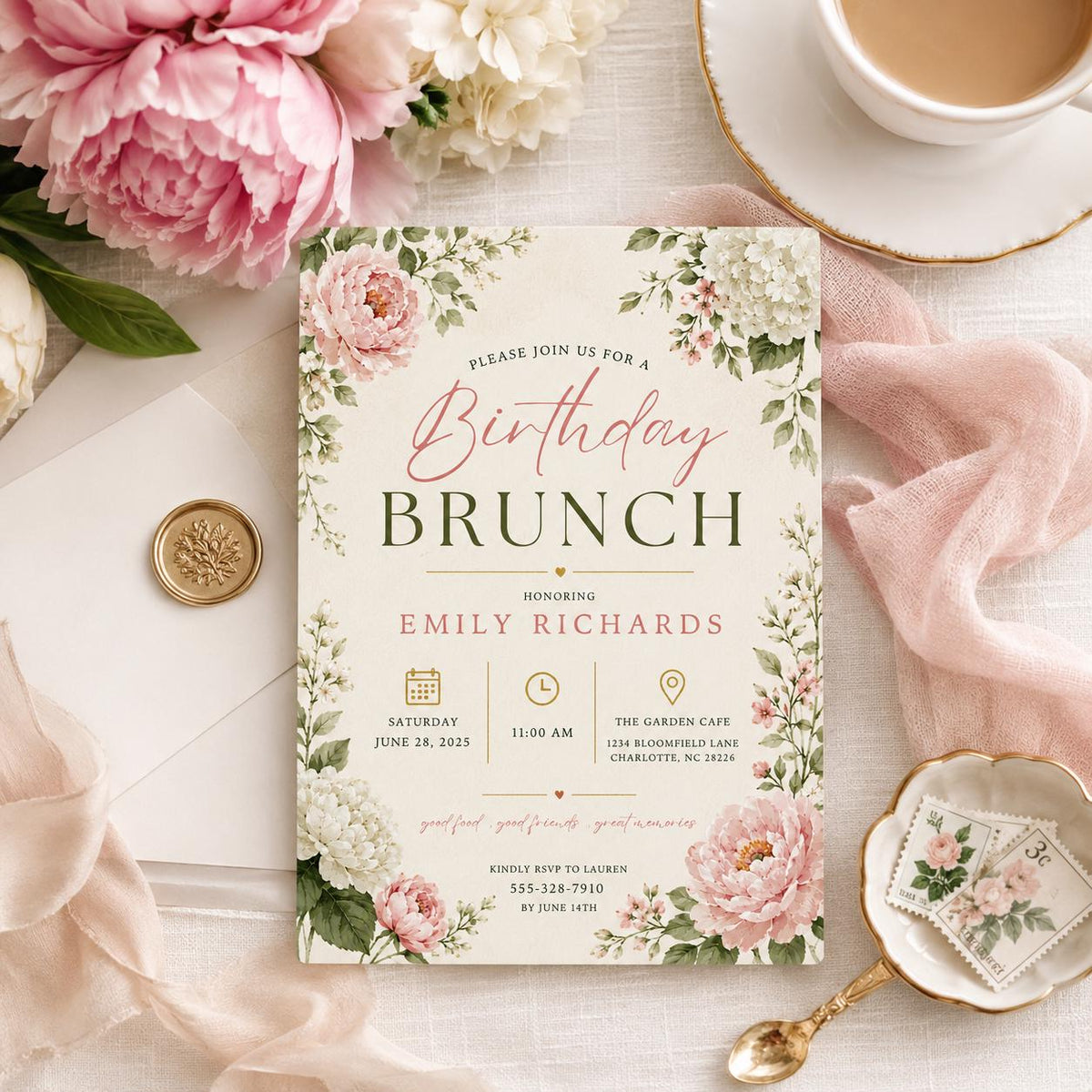 Editable Wildflower Birthday Invitation Canva Template, Pink Boho Floral Girls Cute Modern Fun DIY Party Invite, Printable Digital Download.