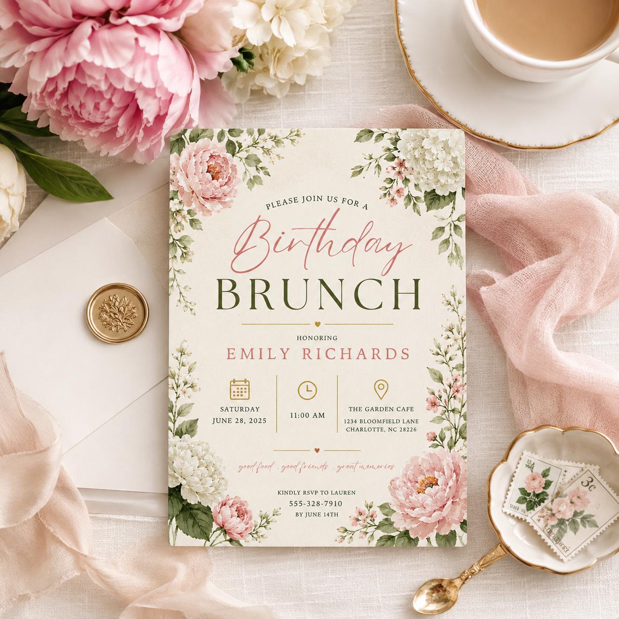 Editable Wildflower Birthday Invitation Canva Template, Pink Boho Floral Girls Cute Modern Fun DIY Party Invite, Printable Digital Download.