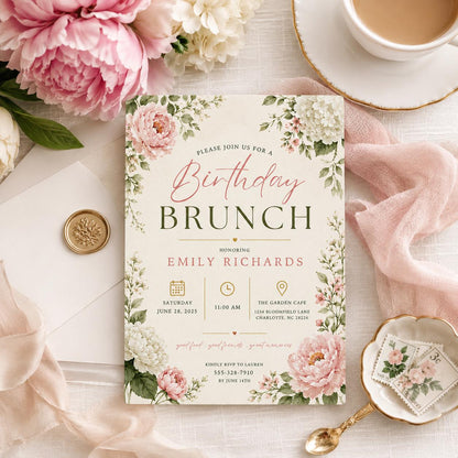 Editable Wildflower Birthday Invitation Canva Template, Pink Boho Floral Girls Cute Modern Fun DIY Party Invite, Printable Digital Download.