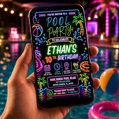 Editable Pool Birthday Invitation Canva Template, Neon Boys Kids Teens Pool Cute Fun DIY Chic Teen Party Invite, Printable Digital Download.