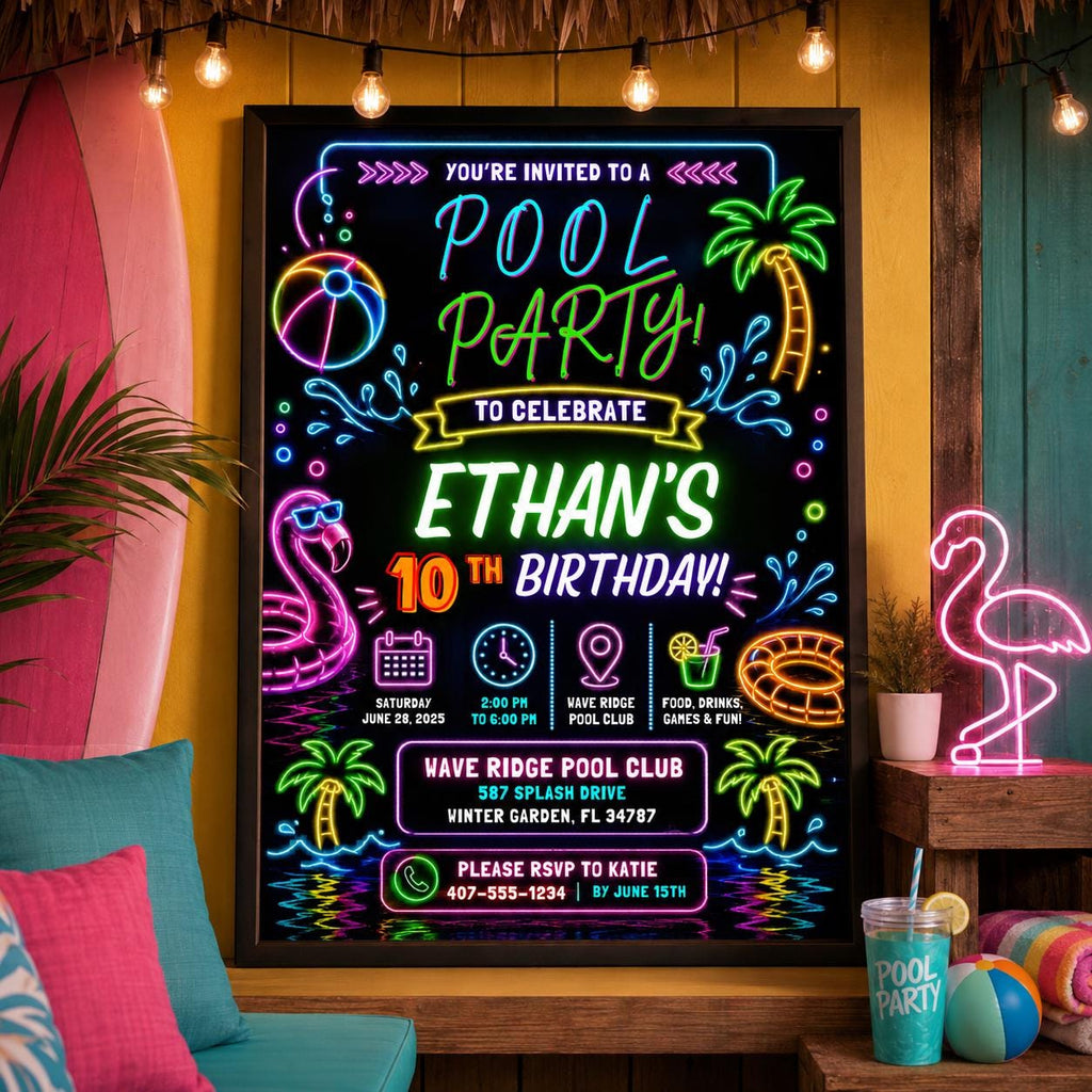 Editable Pool Birthday Invitation Canva Template, Neon Boys Kids Teens Pool Cute Fun DIY Chic Teen Party Invite, Printable Digital Download.