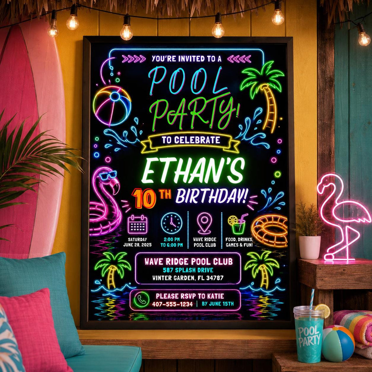 Editable Pool Birthday Invitation Canva Template, Neon Boys Kids Teens Pool Cute Fun DIY Chic Teen Party Invite, Printable Digital Download.