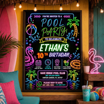 Editable Pool Birthday Invitation Canva Template, Neon Boys Kids Teens Pool Cute Fun DIY Chic Teen Party Invite, Printable Digital Download.