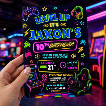 Editable Neon Glow Birthday Invitation Canva Template, Green Boys Neon Cute Fun DIY Chic Kids Teen Party Invite, Printable Digital Download.