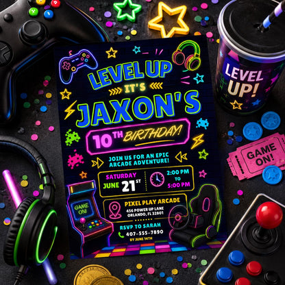 Editable Neon Glow Birthday Invitation Canva Template, Green Boys Neon Cute Fun DIY Chic Kids Teen Party Invite, Printable Digital Download.