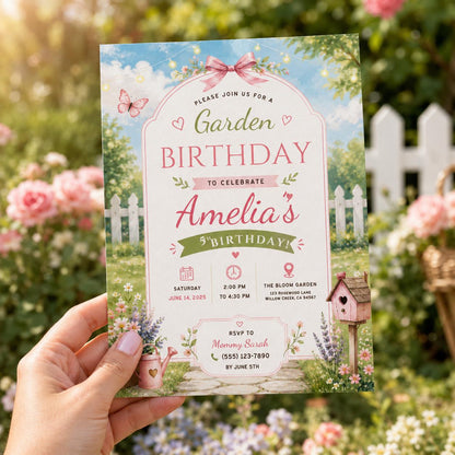 Editable Garden Birthday Invitation Canva Template, Floral Girls Cute Fun DIY Sweet Chic Kids Teen Party Invite, Printable Digital Download.