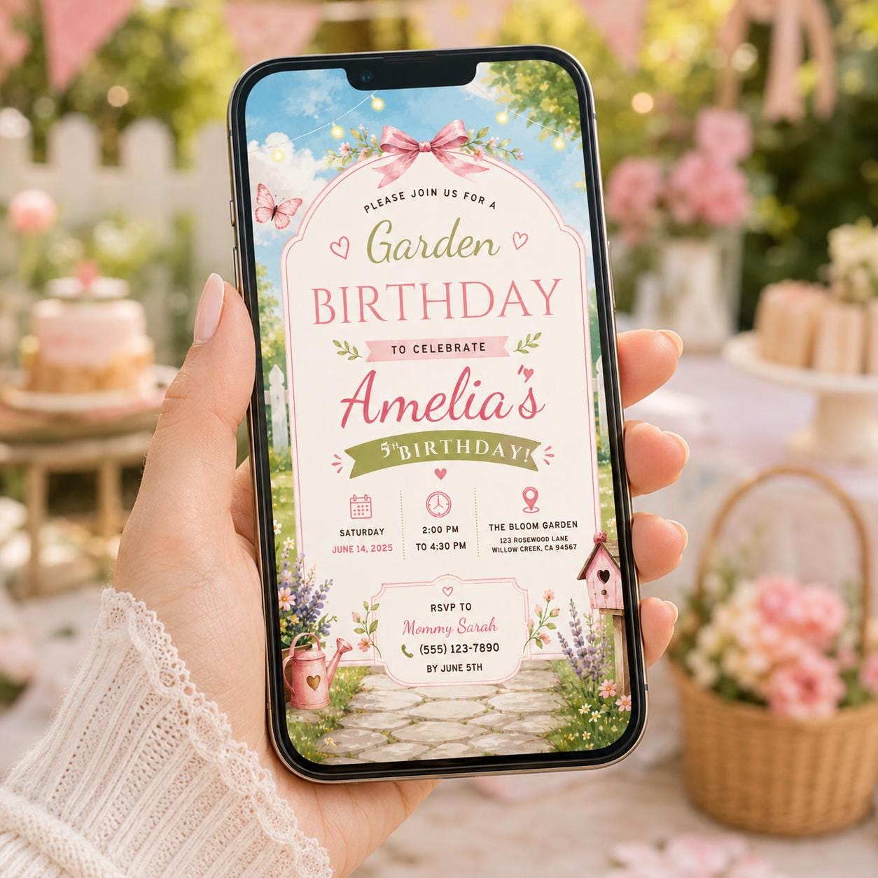 Editable Garden Birthday Invitation Canva Template, Floral Girls Cute Fun DIY Sweet Chic Kids Teen Party Invite, Printable Digital Download.