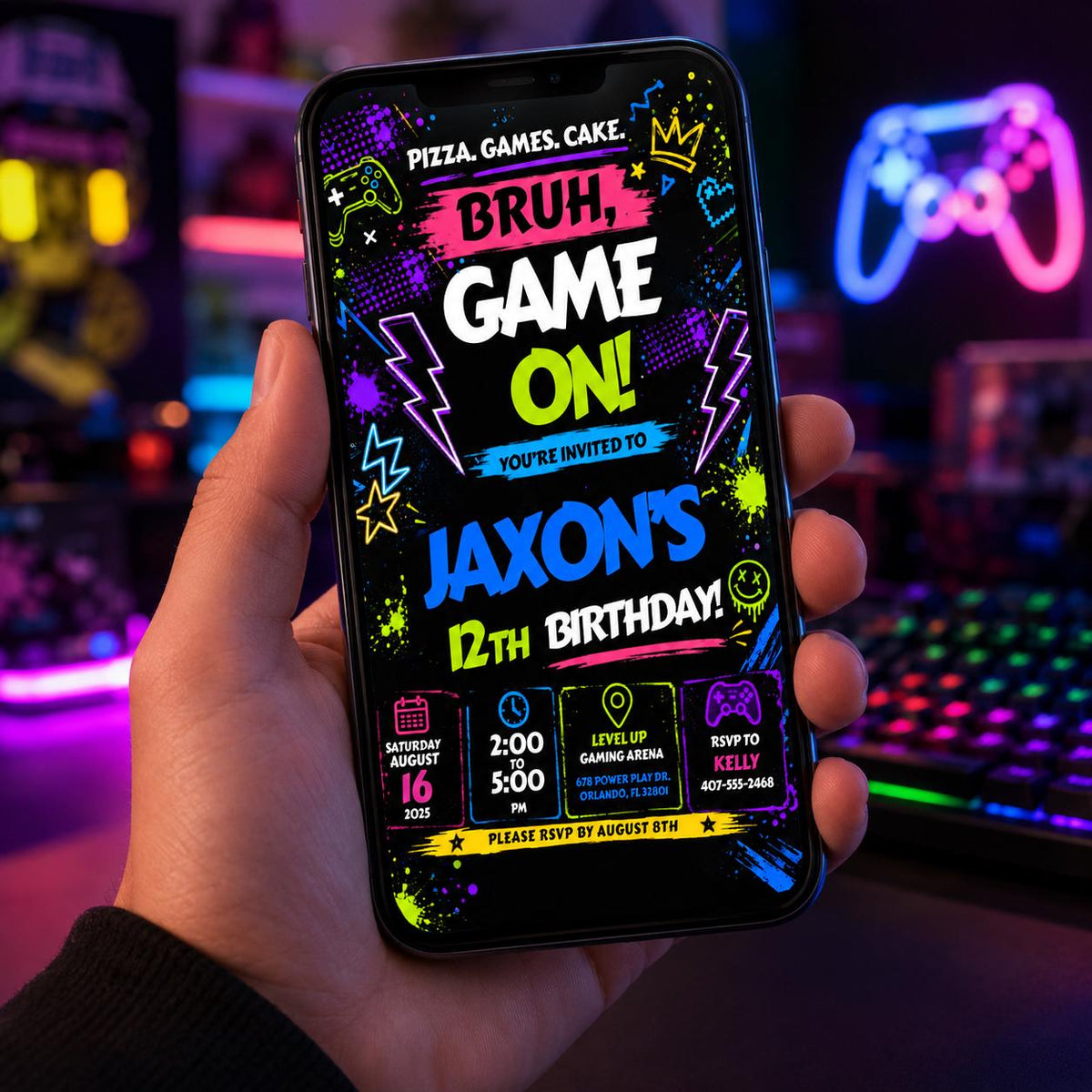 Editable Neon Glow Birthday Invitation Canva Template, Boys Neon Cute Fun DIY Sweet Chic Kids Teen Party Invite, Printable Digital Download.