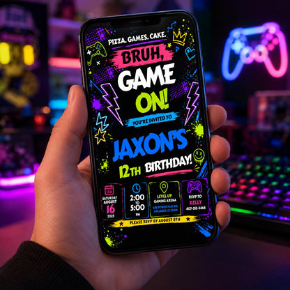 Editable Neon Glow Birthday Invitation Canva Template, Boys Neon Cute Fun DIY Sweet Chic Kids Teen Party Invite, Printable Digital Download.