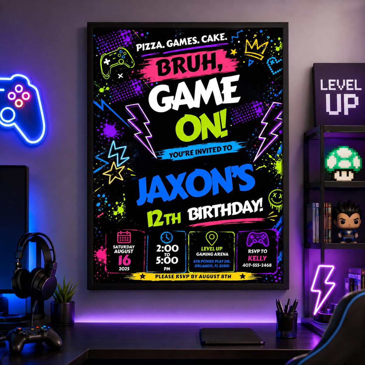 Editable Neon Glow Birthday Invitation Canva Template, Boys Neon Cute Fun DIY Sweet Chic Kids Teen Party Invite, Printable Digital Download.