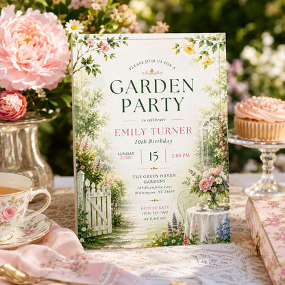Editable Garden Birthday Invitation Canva Template, Floral Girls Cute Fun DIY Sweet Chic Kids Teen Party Invite, Printable Digital Download.