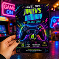 Editable Neon Glow Birthday Invitation Canva Template, Green Boys Neon Cute Fun DIY Chic Kids Teen Party Invite, Printable Digital Download.