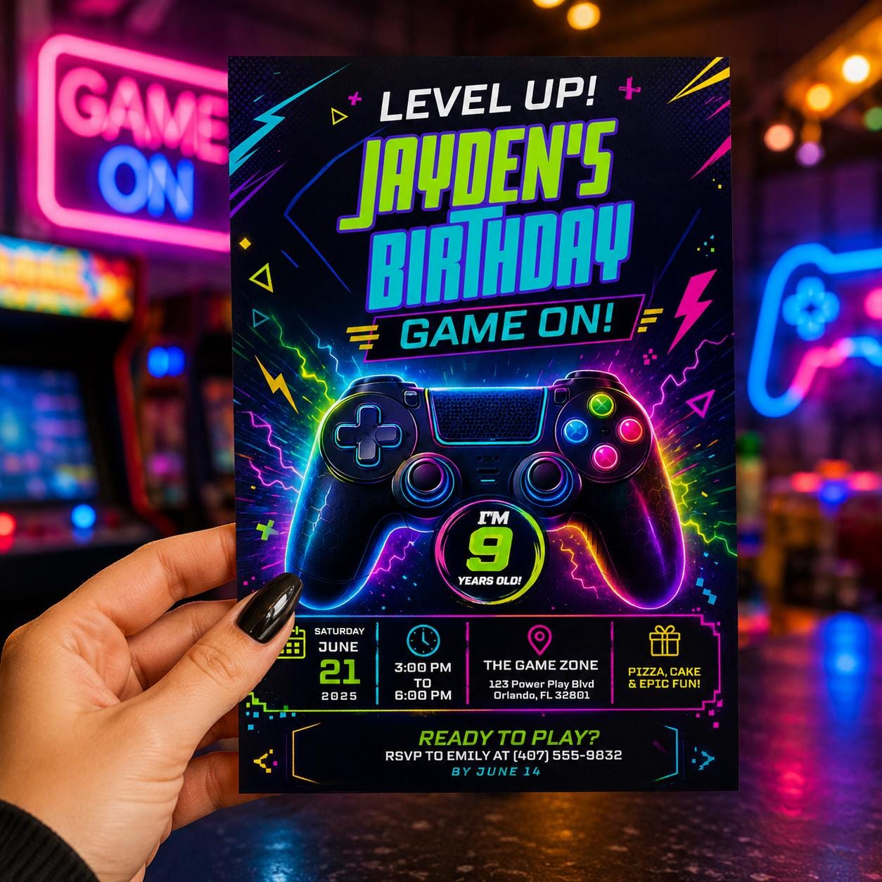 Editable Neon Glow Birthday Invitation Canva Template, Green Boys Neon Cute Fun DIY Chic Kids Teen Party Invite, Printable Digital Download.