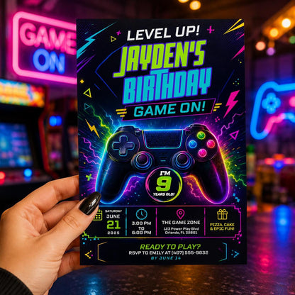 Editable Neon Glow Birthday Invitation Canva Template, Green Boys Neon Cute Fun DIY Chic Kids Teen Party Invite, Printable Digital Download.