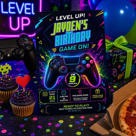 Editable Neon Glow Birthday Invitation Canva Template, Green Boys Neon Cute Fun DIY Chic Kids Teen Party Invite, Printable Digital Download.