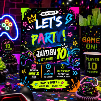 Editable Neon Glow Birthday Invitation Canva Template, Blue Green Boys Kids Neon Cute Fun DIY Chic Party Invite, Printable Digital Download.