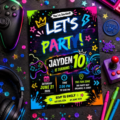 Editable Neon Glow Birthday Invitation Canva Template, Blue Green Boys Kids Neon Cute Fun DIY Chic Party Invite, Printable Digital Download.
