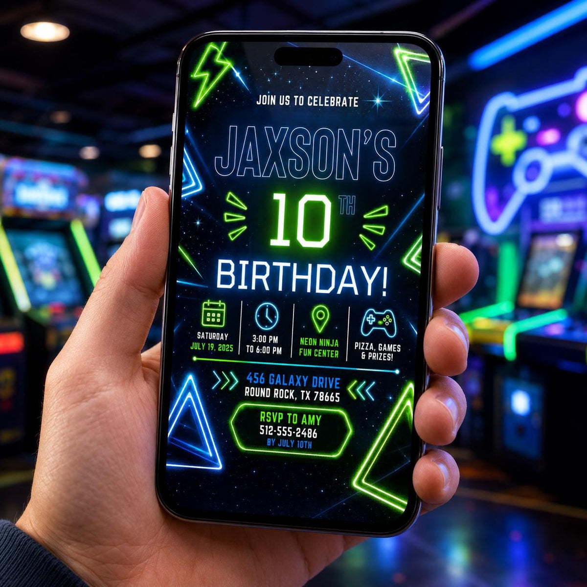 Editable Neon Glow Birthday Invitation Canva Template, Boys Teens Neon Cute Fun DIY Chic Kids Teen Party Invite, Printable Digital Download.