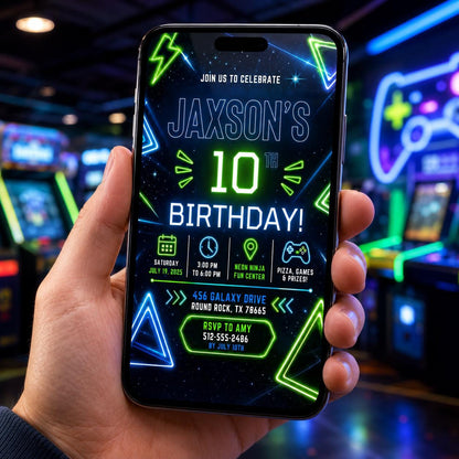 Editable Neon Glow Birthday Invitation Canva Template, Boys Teens Neon Cute Fun DIY Chic Kids Teen Party Invite, Printable Digital Download.