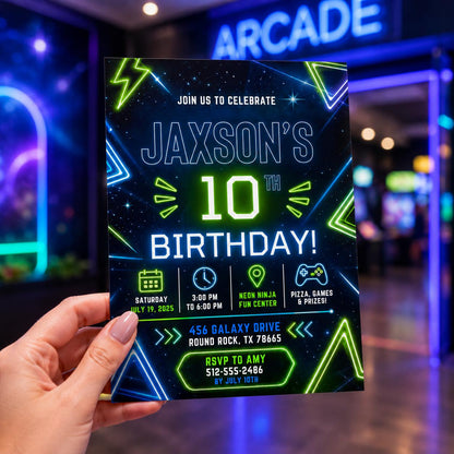 Editable Neon Glow Birthday Invitation Canva Template, Boys Teens Neon Cute Fun DIY Chic Kids Teen Party Invite, Printable Digital Download.