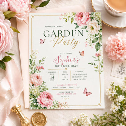 Editable Garden Birthday Invitation Canva Template, Floral Girls Cute Fun DIY Sweet Chic Kids Teen Party Invite, Printable Digital Download.
