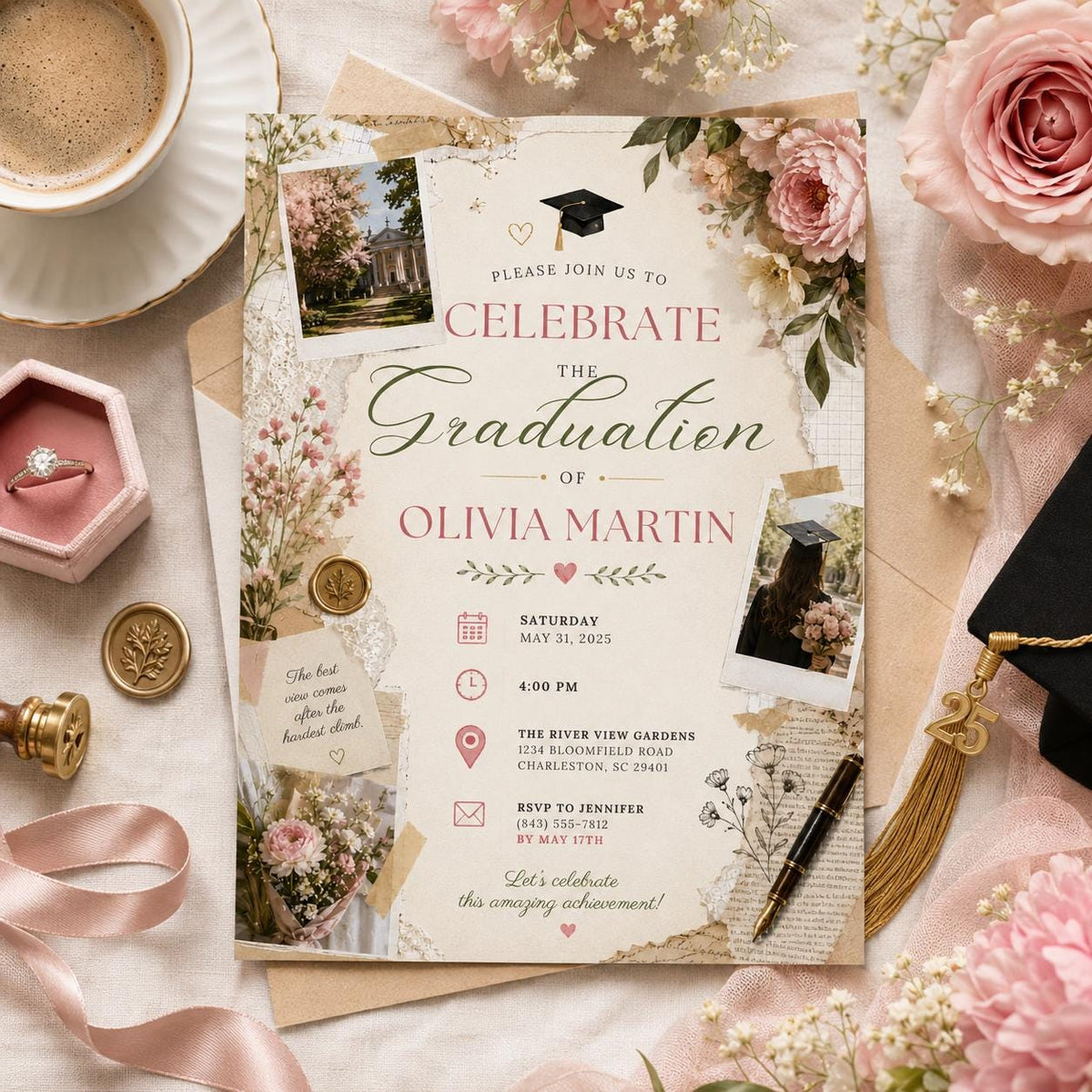 Editable Garden Graduation Invitation Canva Template, Pastel Floral Cute Modern Fun DIY Sweet Chic Party Invite, Printable Digital Download.