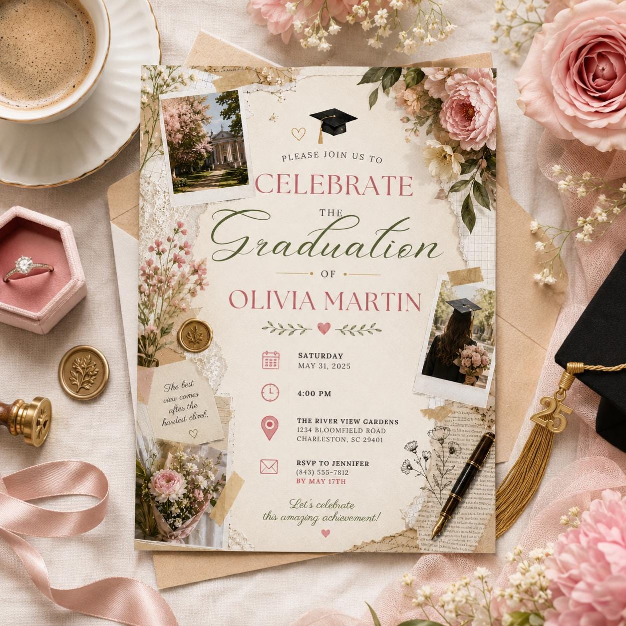 Editable Garden Graduation Invitation Canva Template, Pastel Floral Cute Modern Fun DIY Sweet Chic Party Invite, Printable Digital Download.