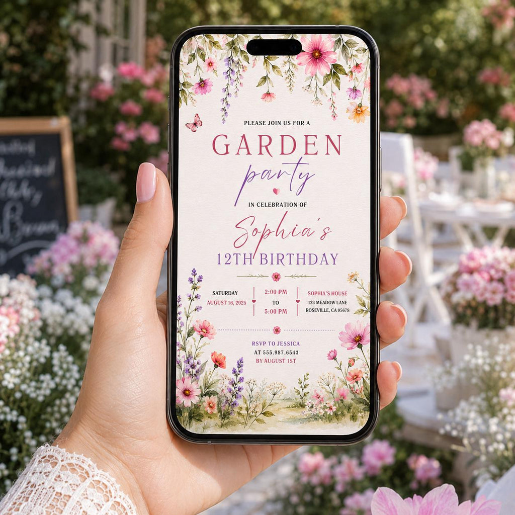 Editable Garden Birthday Invitation Canva Template, Floral Girls Cute Fun DIY Sweet Chic Kids Teen Party Invite, Printable Digital Download.