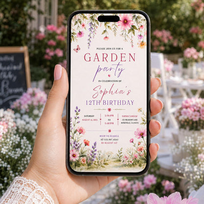 Editable Garden Birthday Invitation Canva Template, Floral Girls Cute Fun DIY Sweet Chic Kids Teen Party Invite, Printable Digital Download.